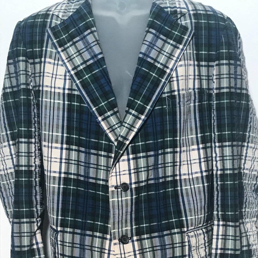 1970s Men's Seersucker Plaid Jacket Blazer Size 42